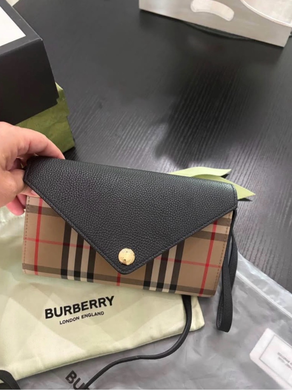 Burberry Black Leather & Beige Vintage Check Envelope Wristlet